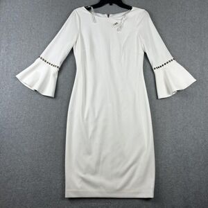 Calvin Klein Dress Womens 6 Bell Sleeve Midi Sheath Beaded Trim Formal Cocktail